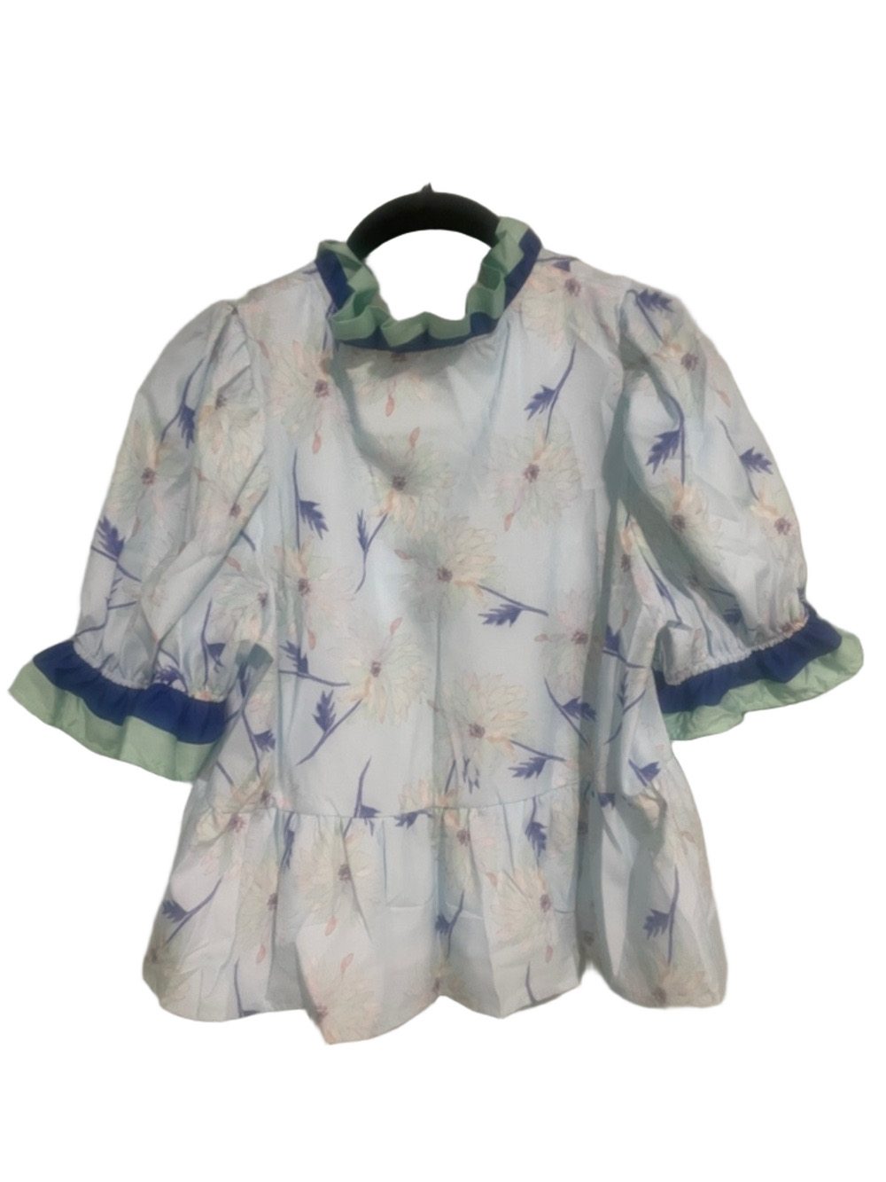 Light Blue Floral Peplum Top with Green and blue Trim - Picture 2 of 8